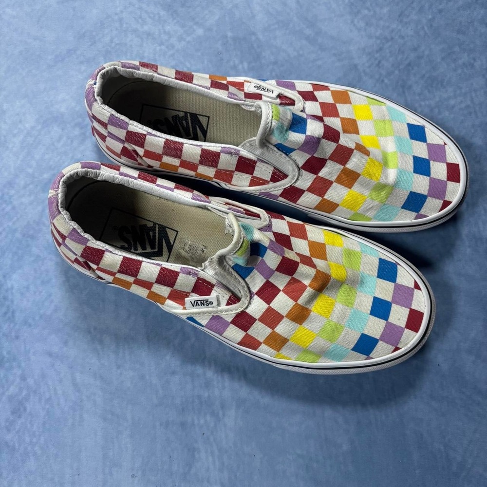 Vans rainbow checkered slip on sneakers